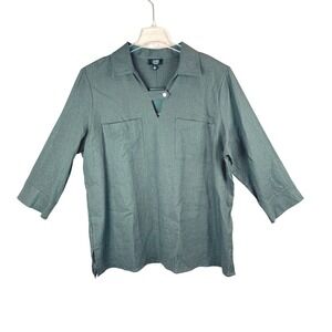 JONES NEW YORK SIGNATURE‎ Women's XL Olive Green Linen Blend Collared V-Neck NWT